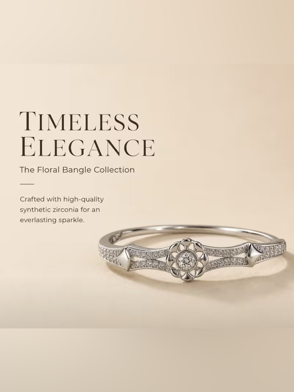 Floral Cubic Zirconia Silver Plated Bangle Bracelet